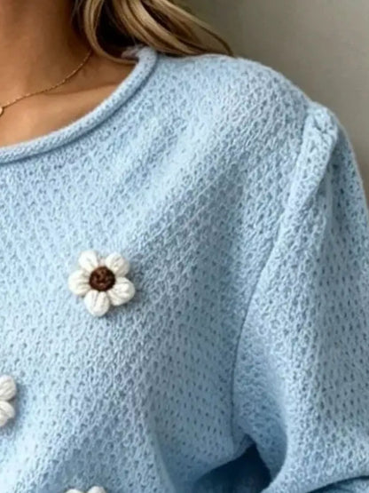 Floral-Appliqué Textured Knit Sweater — AREVONNE product view 15