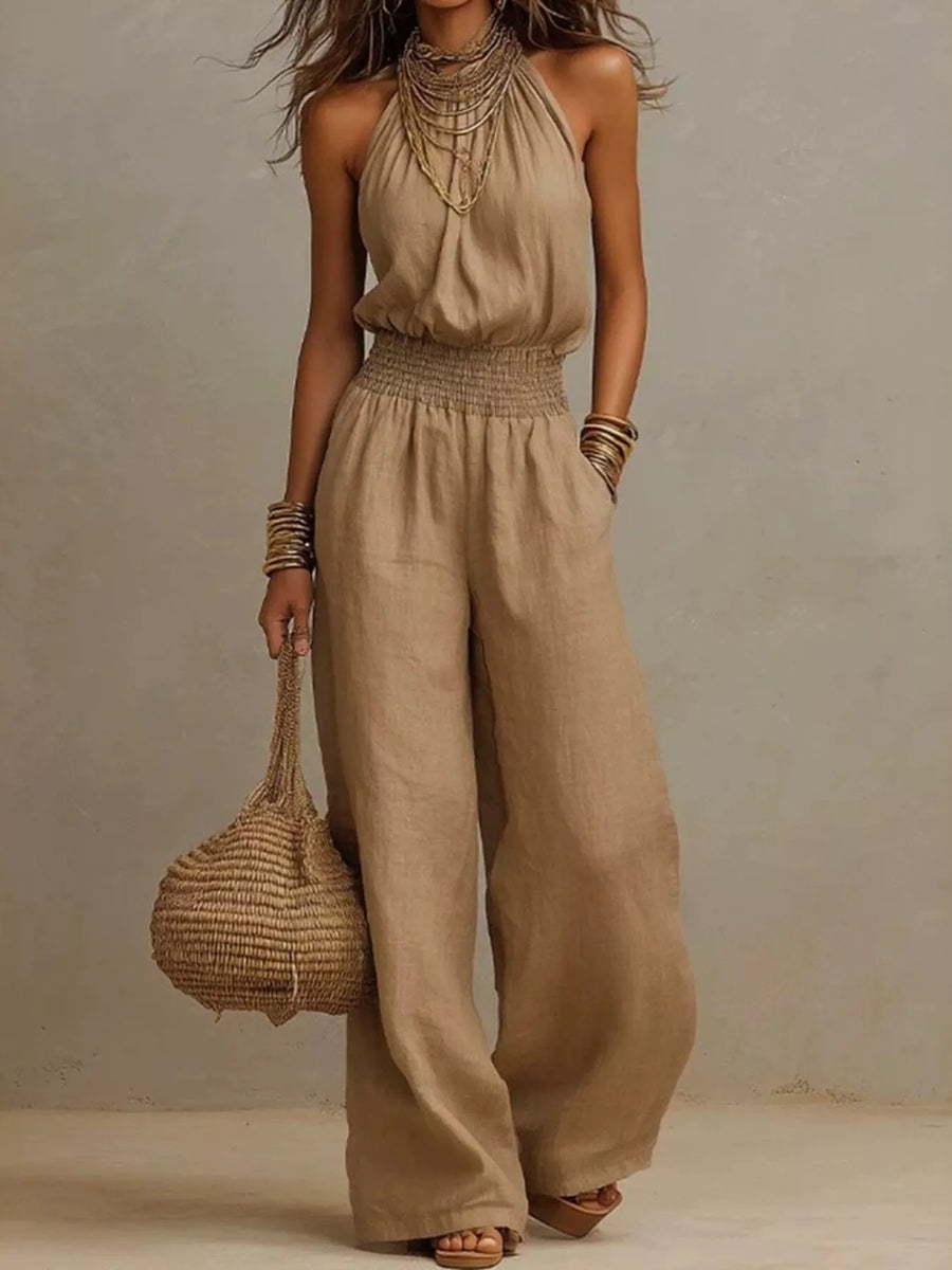 Smocked Halter-Neck Wide-Leg Jumpsuit