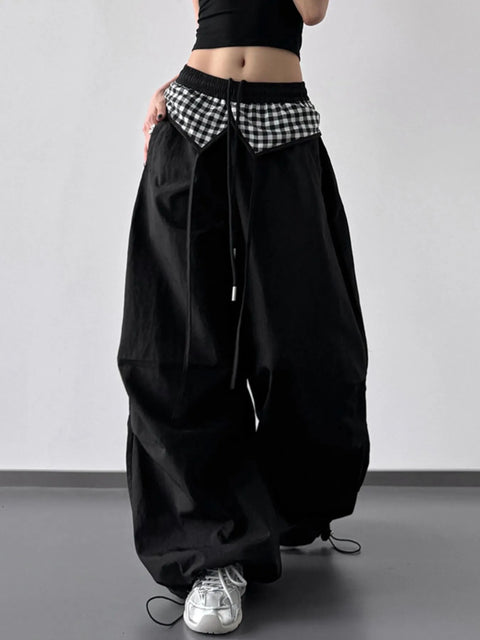 Checkered-Detail Drawstring Wide-Leg Pants