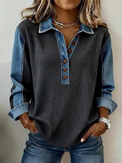 Denim-Trim Button-Detail Sweatshirt — AREVONNE product view 1