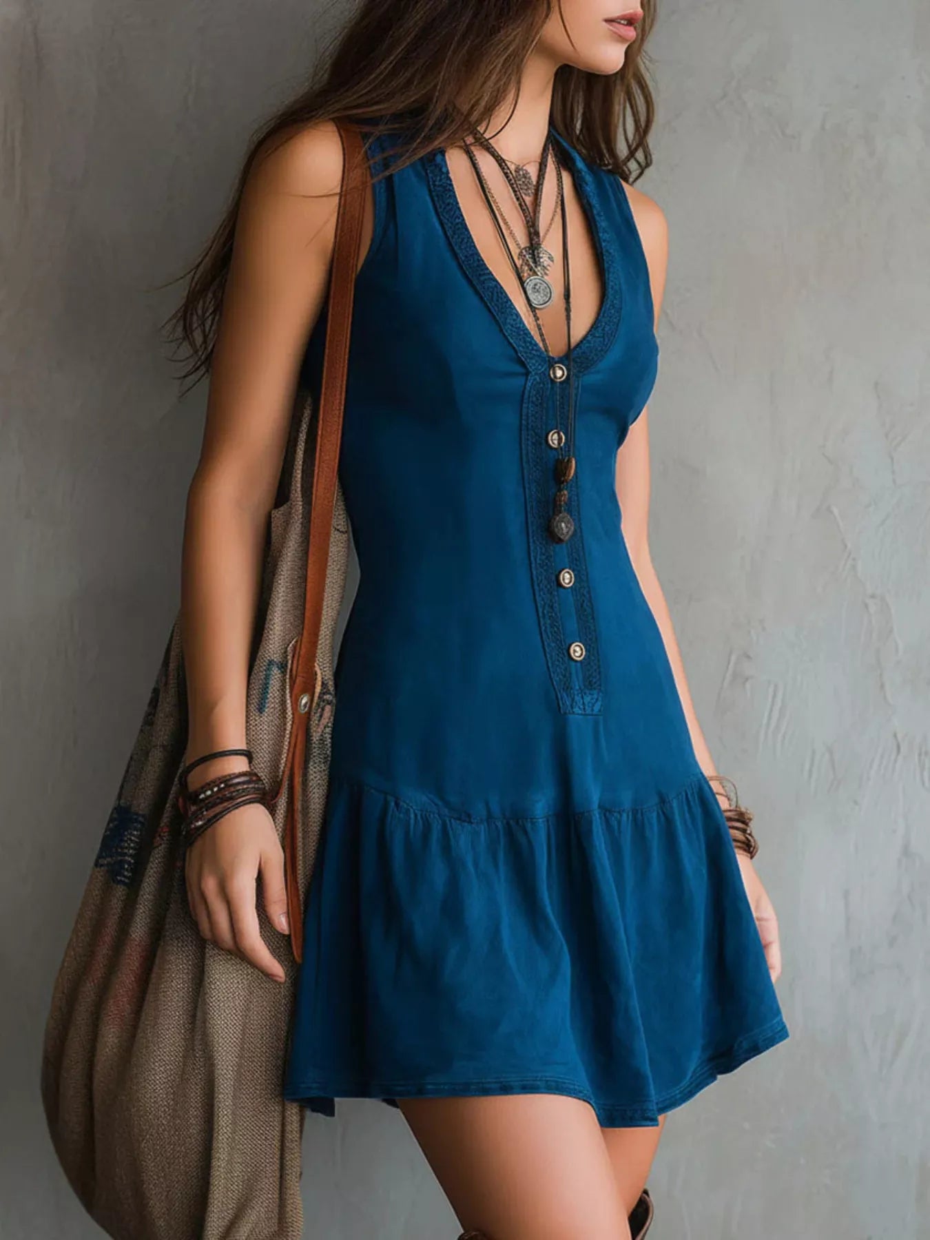 Ruched V-Neck Sleeveless Mini Dress — AREVONNE product view 2