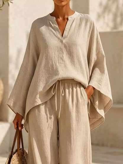 Notched-Neck Wide-Leg Two-Piece Set — AREVONNE product view 3