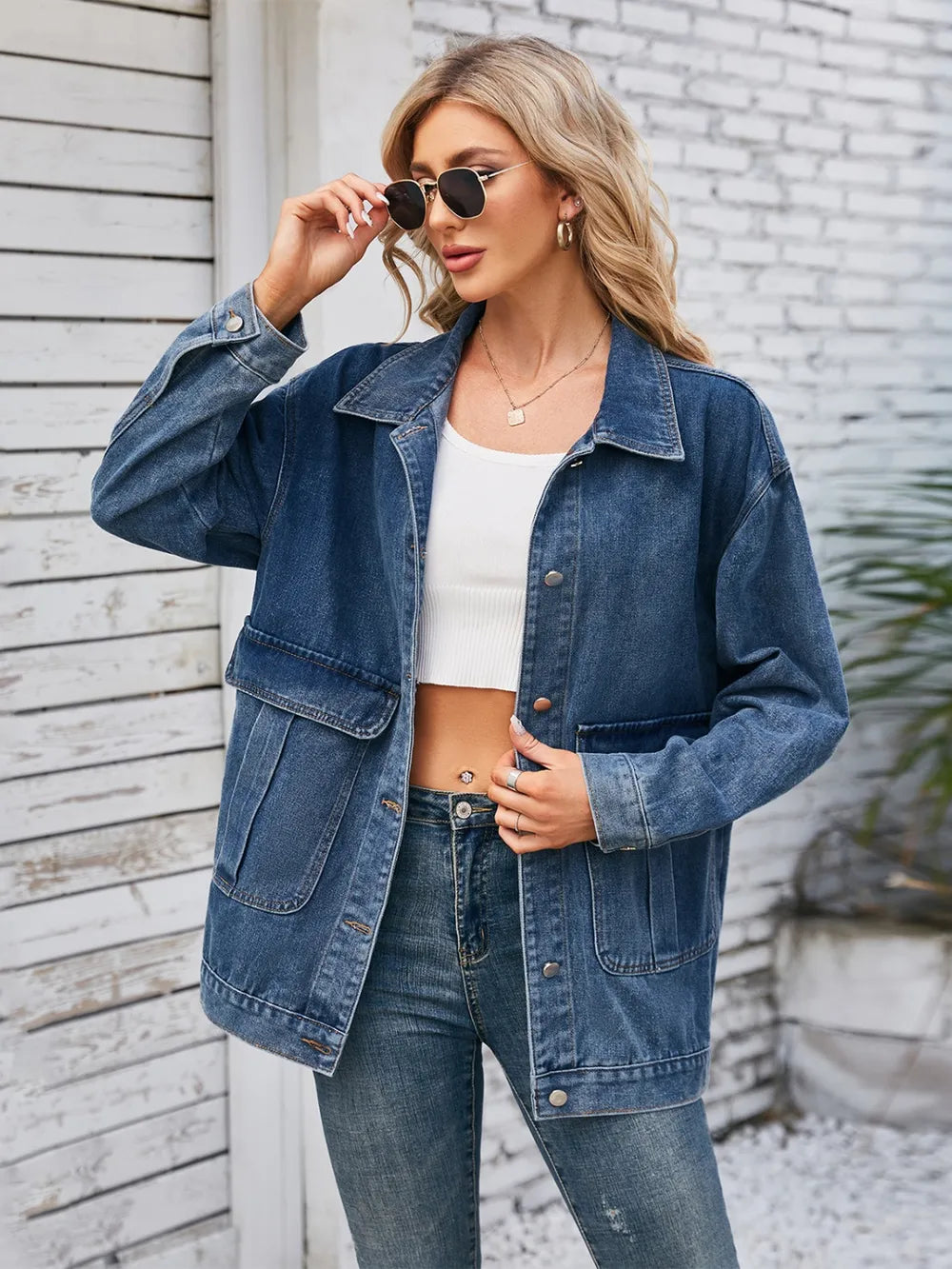 Button-Up Pocket Denim Jacket — AREVONNE product view 1