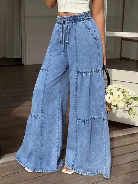 Drawstring Tiered Wide-Leg Jeans