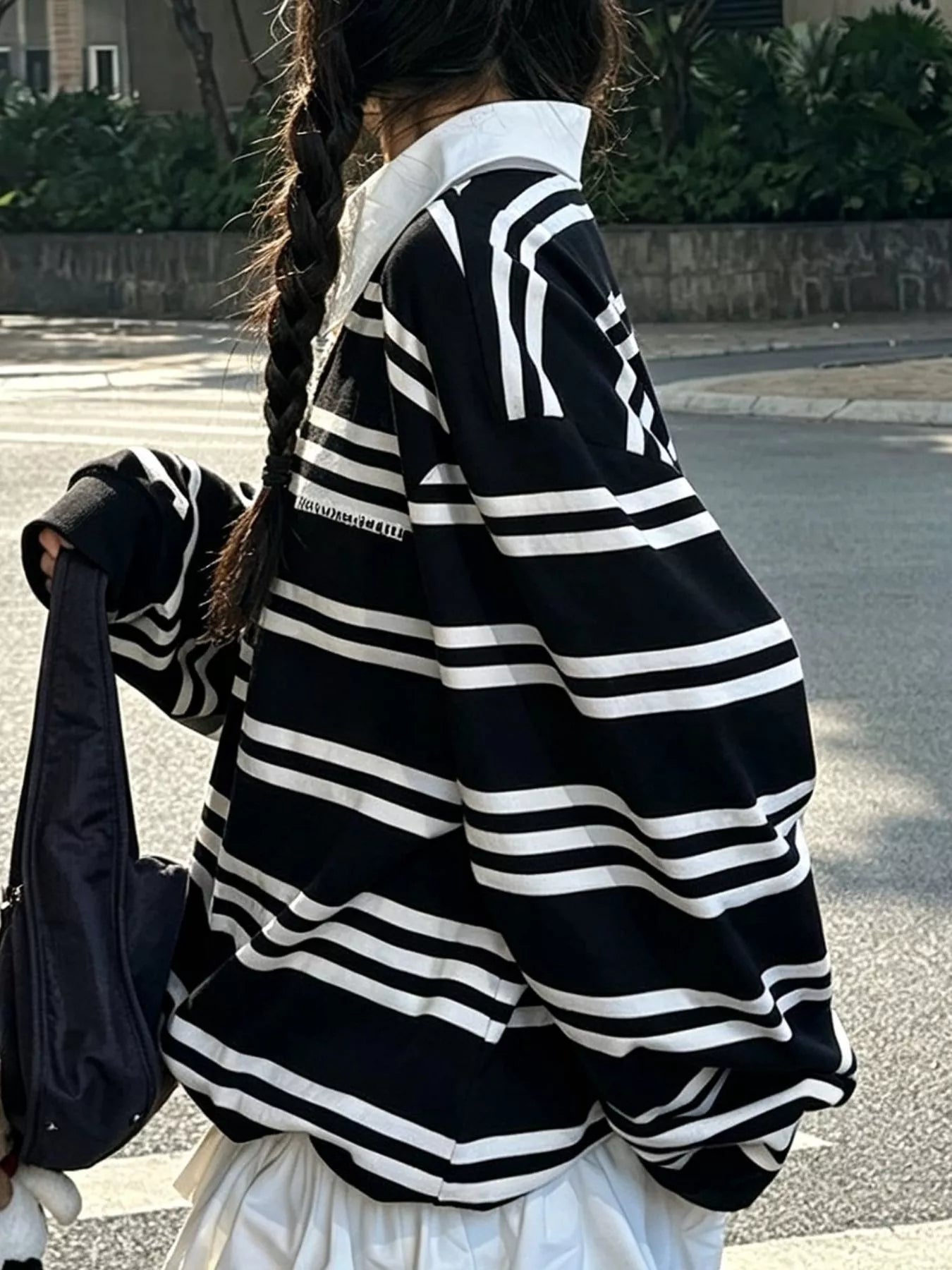 Oversized Striped Contrast-Collar Polo Top — AREVONNE product view 4