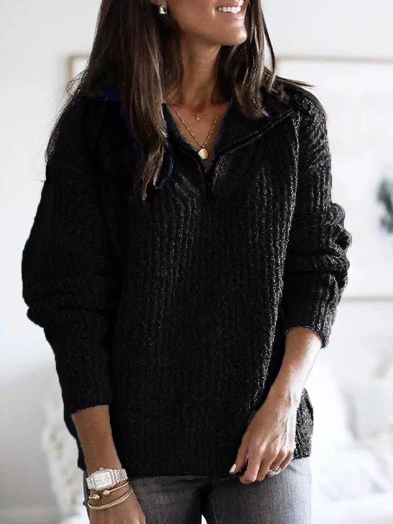 Half-Zip Textured Sweater — AREVONNE product view 3