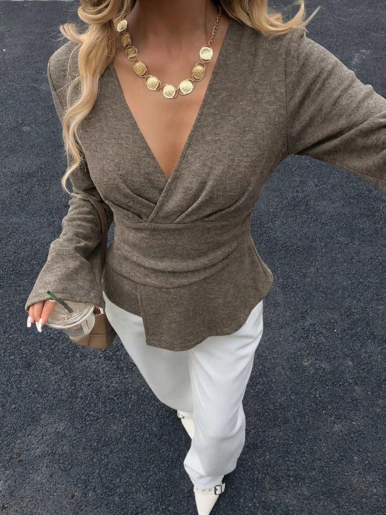 Asymmetrical Wrap Flare-Sleeve Blouse — AREVONNE product view 1