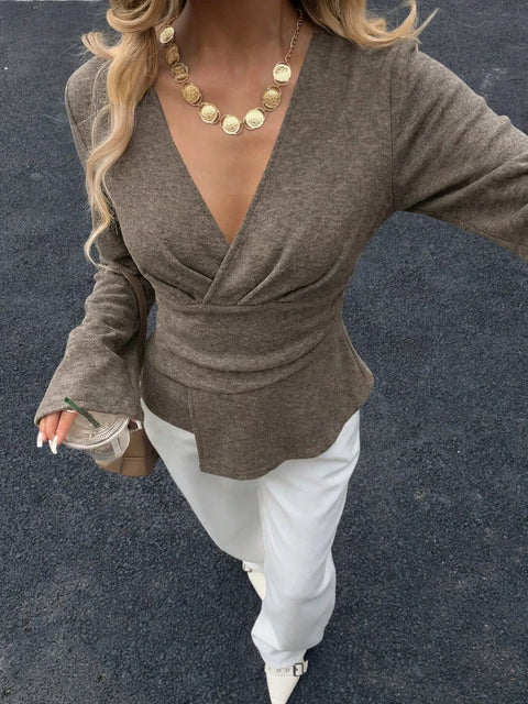 Asymmetrical Wrap Flare-Sleeve Blouse