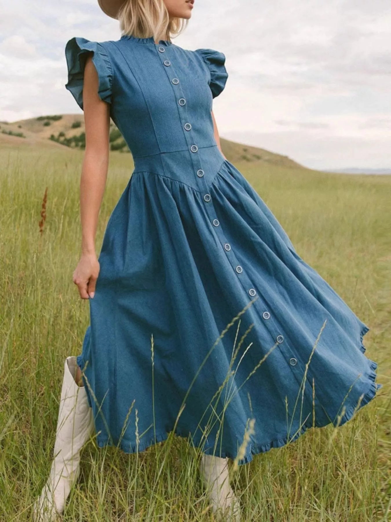 Ruffled Cap-Sleeve Denim Dress — AREVONNE product view 1