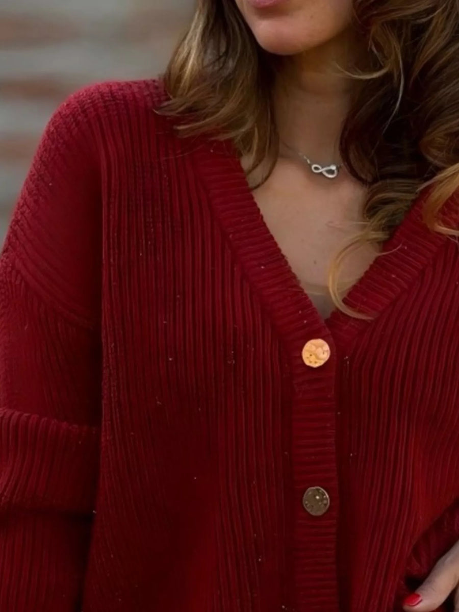 Ribbed V-Neck Button-Up Cardigan