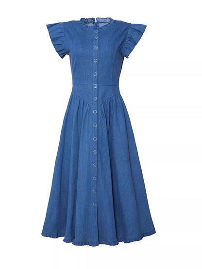 Ruffled Cap-Sleeve Denim Dress — AREVONNE product view 3