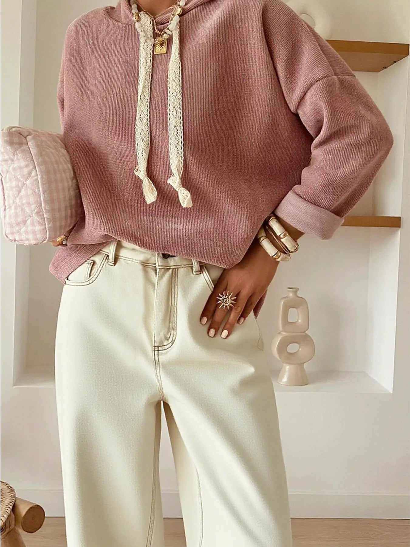 Drawstring Dropped-Shoulder Hoodie — AREVONNE product view 3