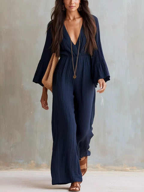 Textured Flare-Sleeve Jumpsuit