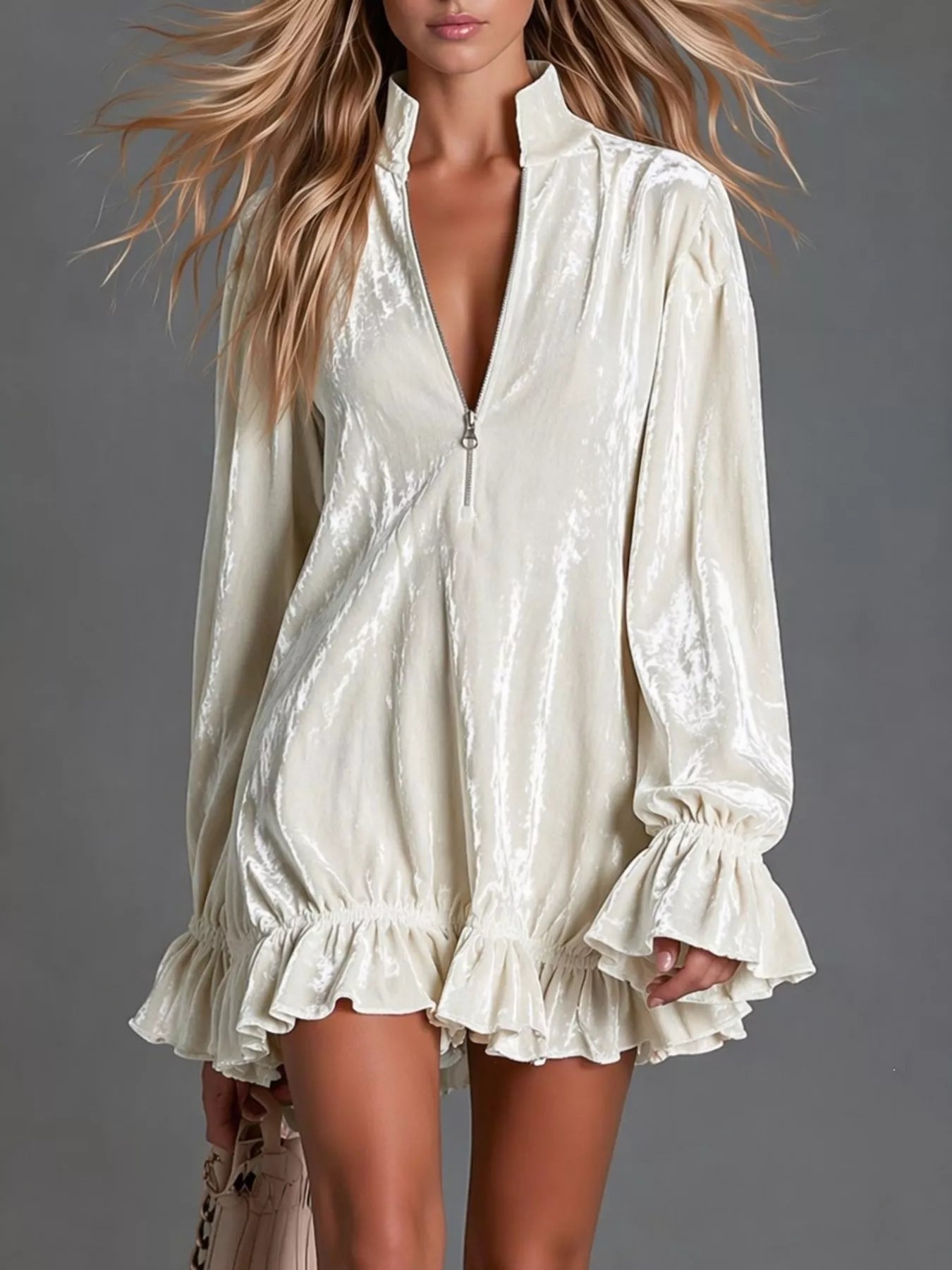 Zip-Front Ruffle-Hem Mini Dress — AREVONNE product view 1