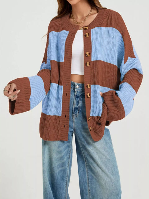Color-Block Striped Button-Up Cardigan
