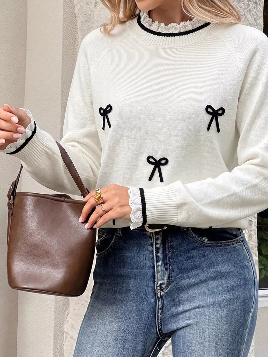 Bow-Embellished Lace-Trim Sweater