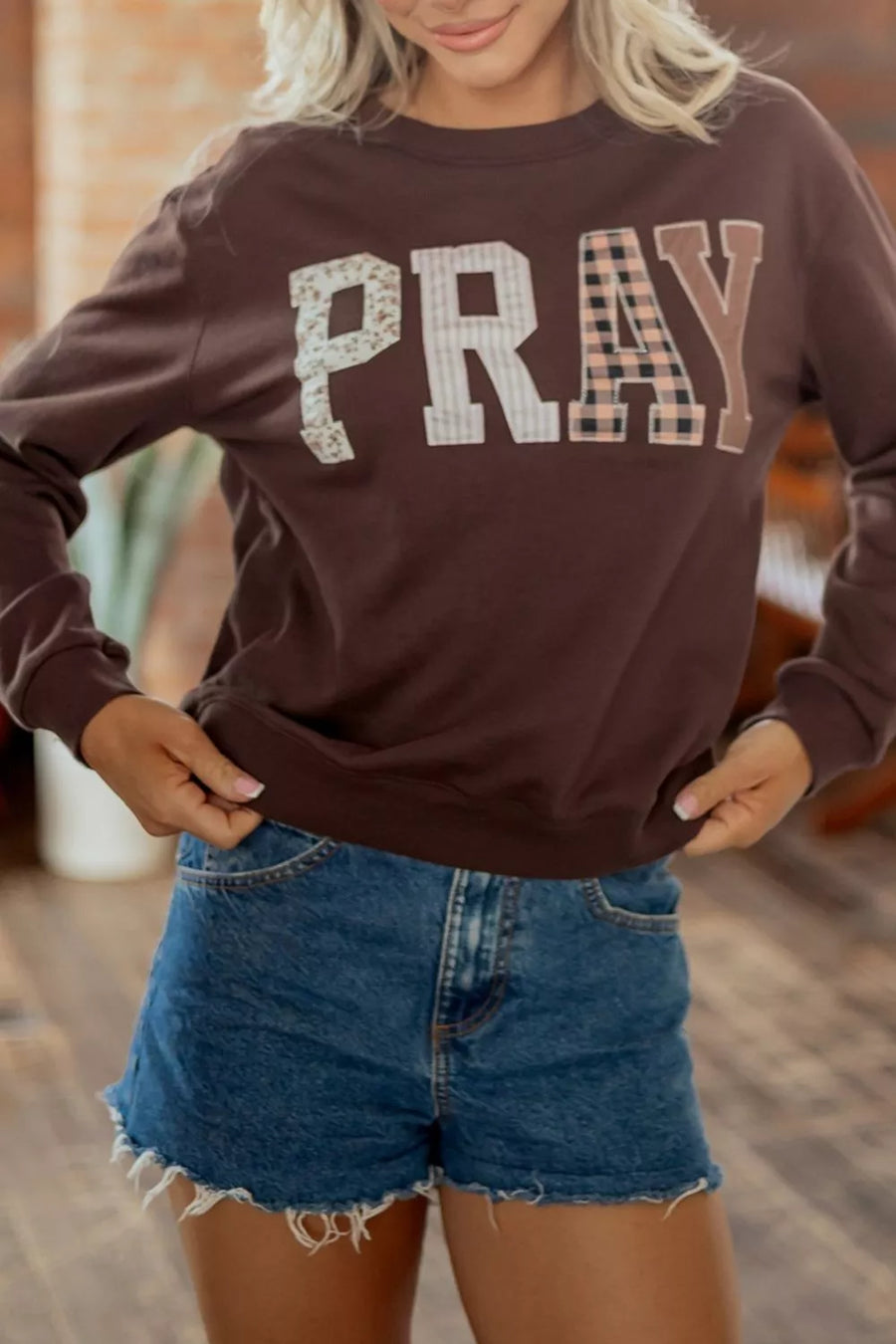 Plaid “PRAY” Crew-Neck Sweatshirt