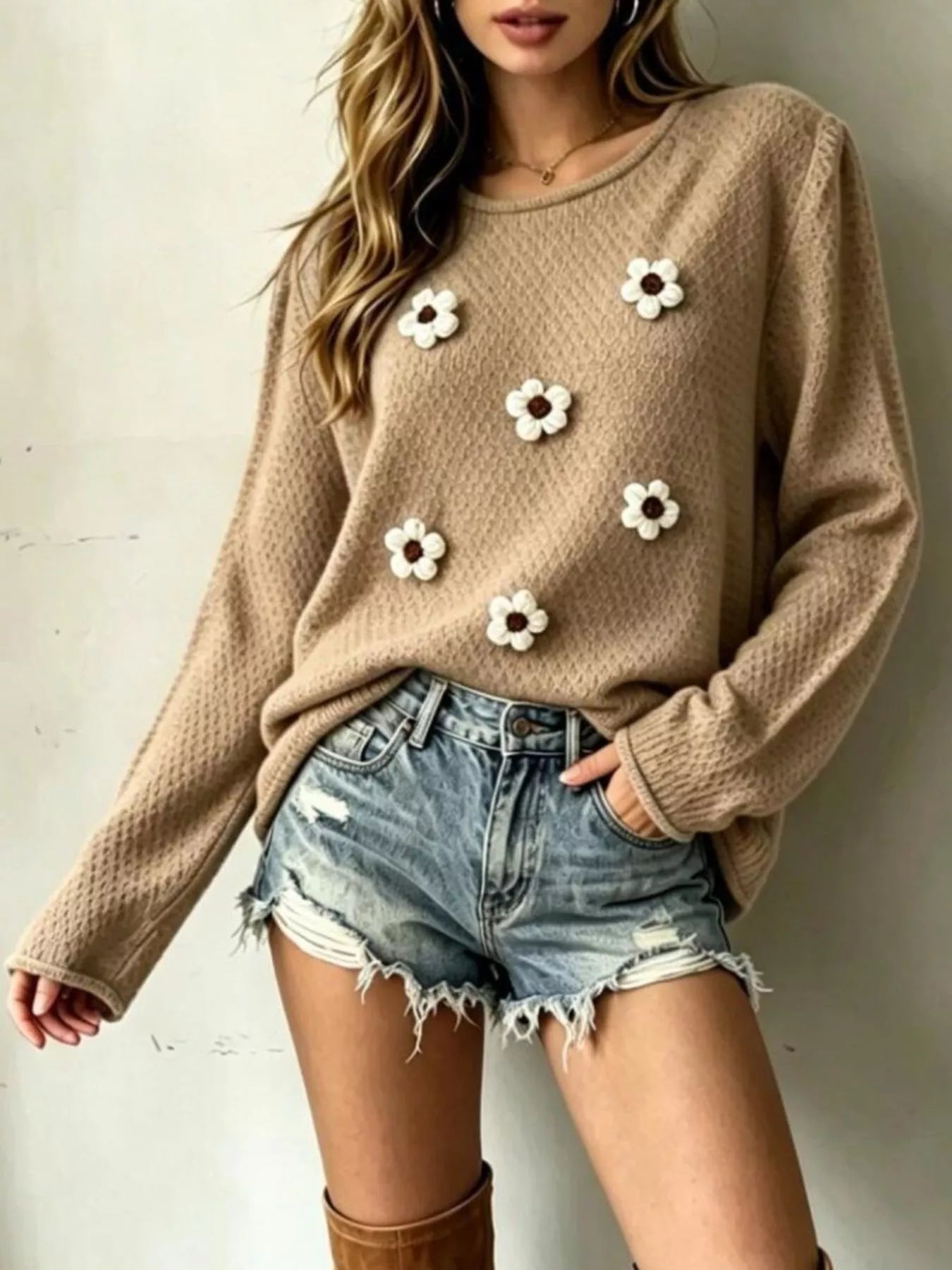 Floral-Appliqué Textured Knit Sweater — AREVONNE product view 1