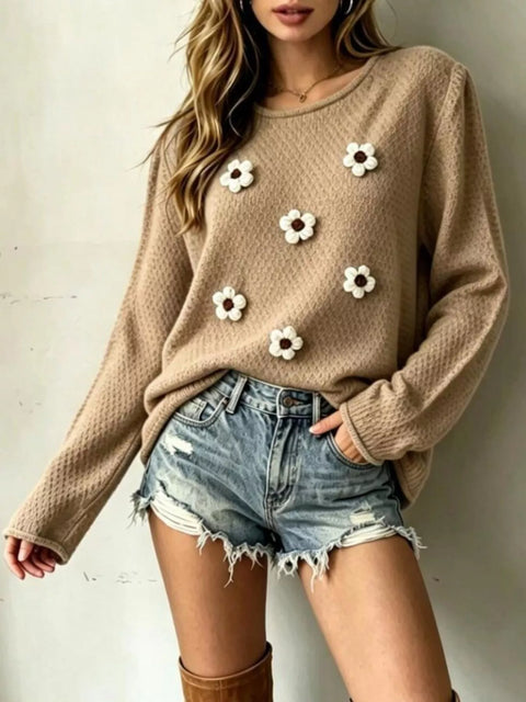 Floral-Appliqué Textured Knit Sweater