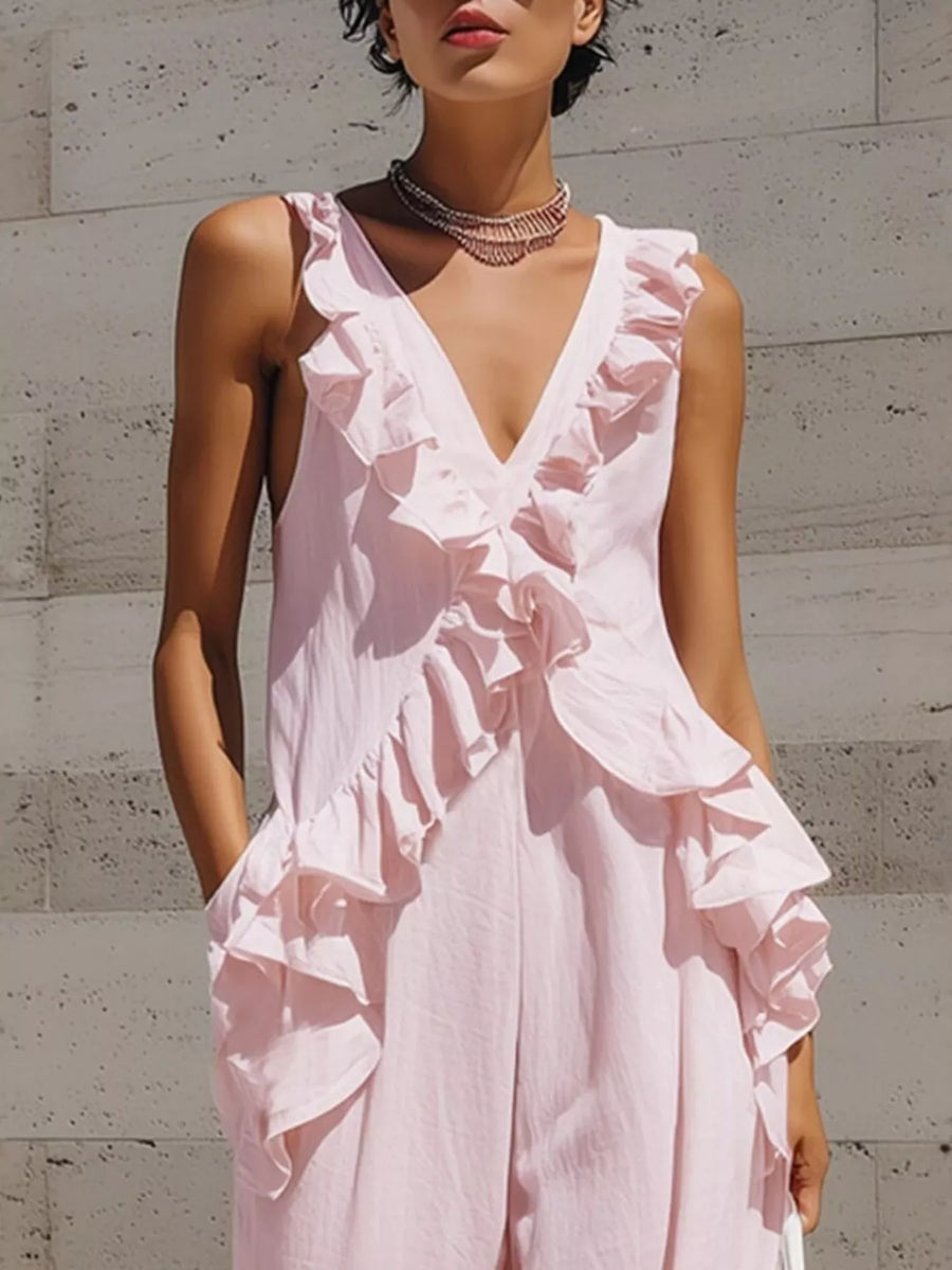 Ruffle-Detail V-Neck Sleeveless Jumpsuit