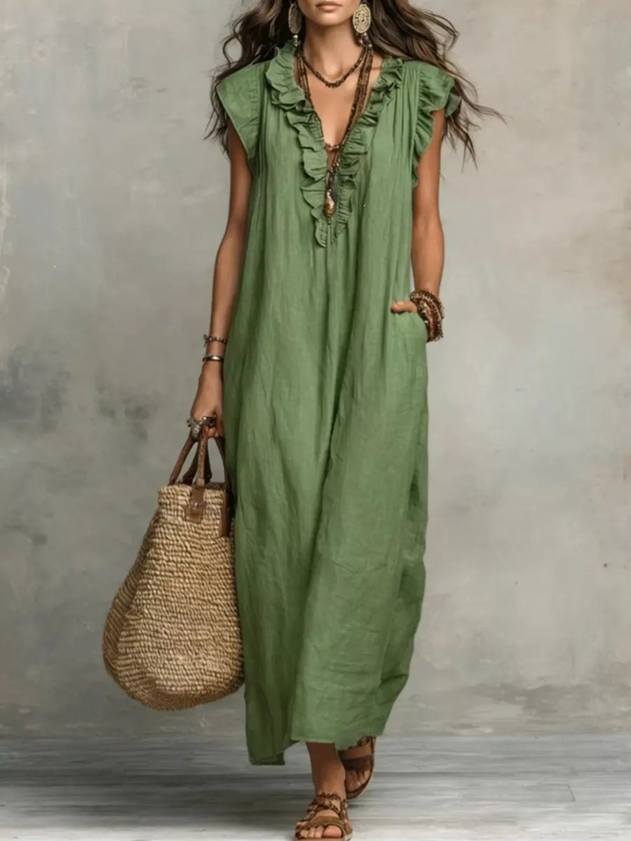 Ruffled V-Neck Cap-Sleeve Maxi Dress