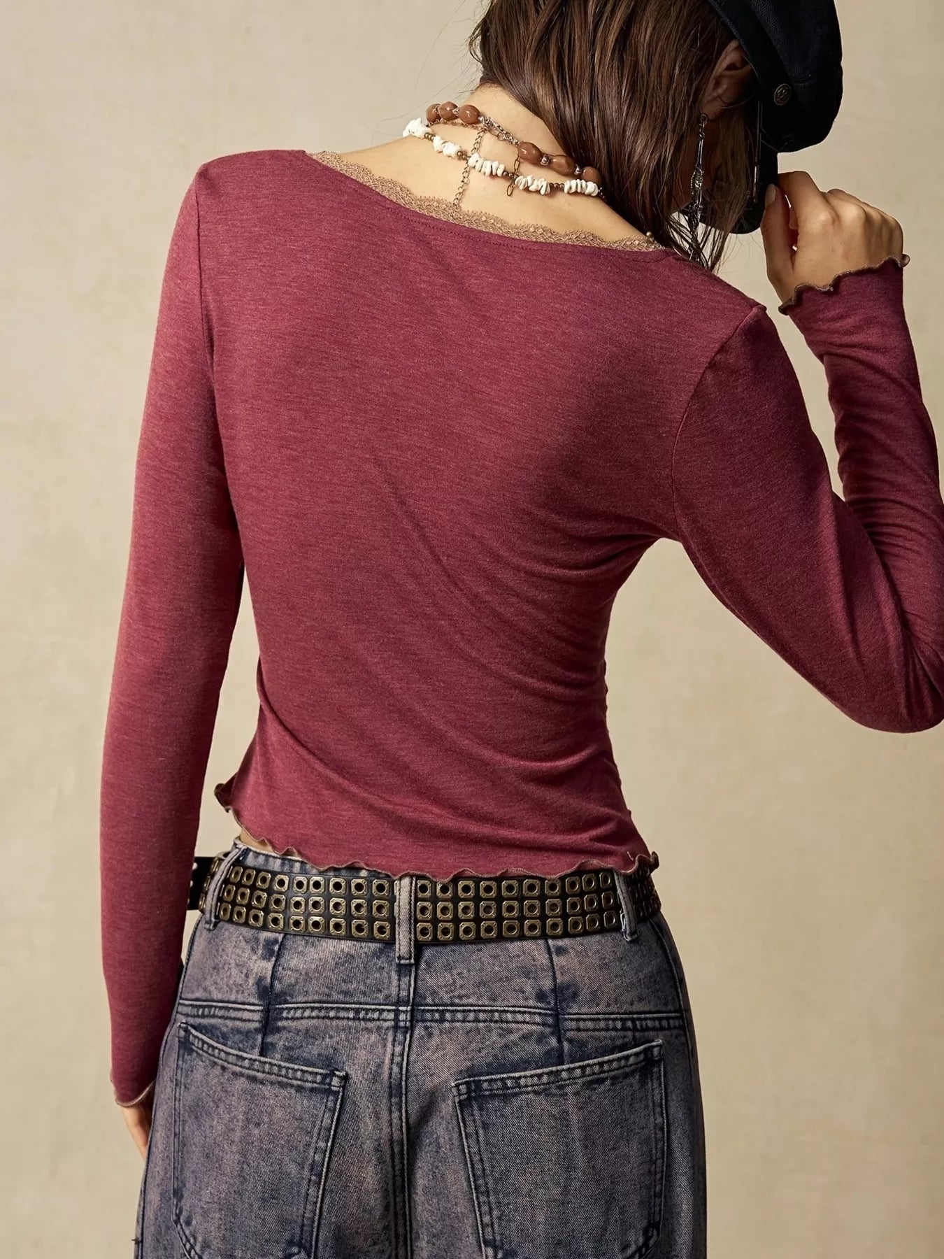 Lace-Detail Long-Sleeve T-Shirt — AREVONNE product view 12