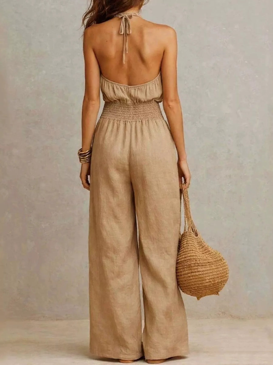 Smocked Halter-Neck Wide-Leg Jumpsuit