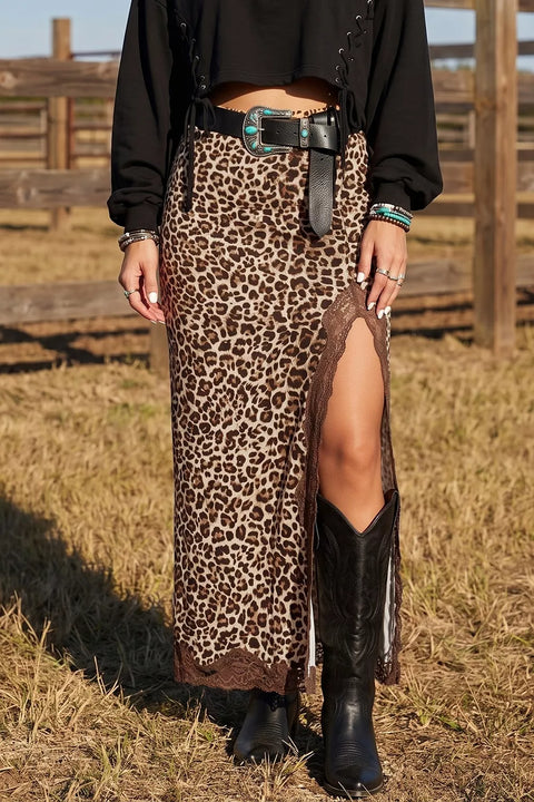 Lace-Detail Leopard Slit Skirt