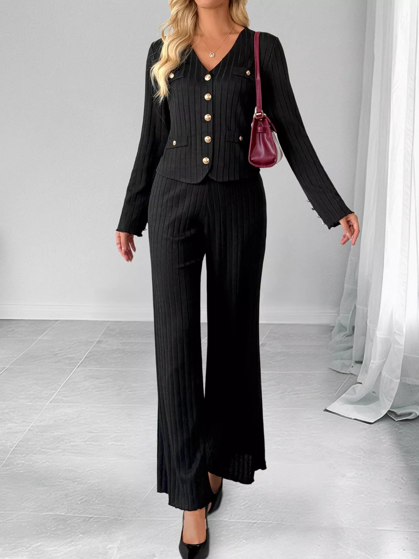 Ribbed Cardigan & Wide-Leg Pants Set — AREVONNE product view 3