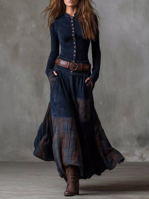 Plaid Patchwork Belted Maxi Dress
