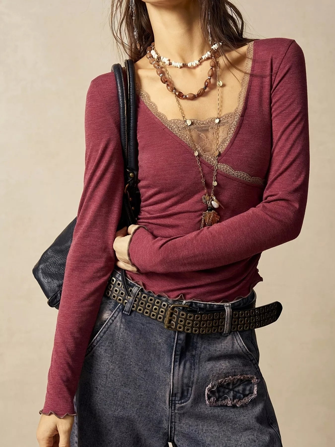 Lace-Detail Long-Sleeve T-Shirt — AREVONNE product view 11