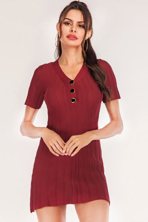 Buttoned V-Neck Knit Mini Dress