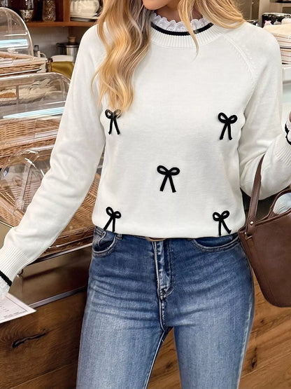 Bow-Embellished Lace-Trim Sweater — AREVONNE product view 5