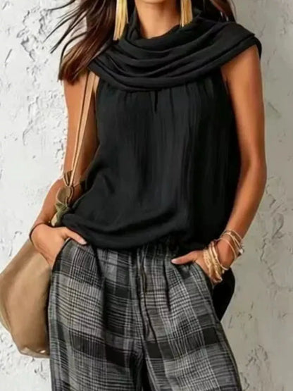 Cowl-Neck Plaid Two-Piece Set — AREVONNE product view 2