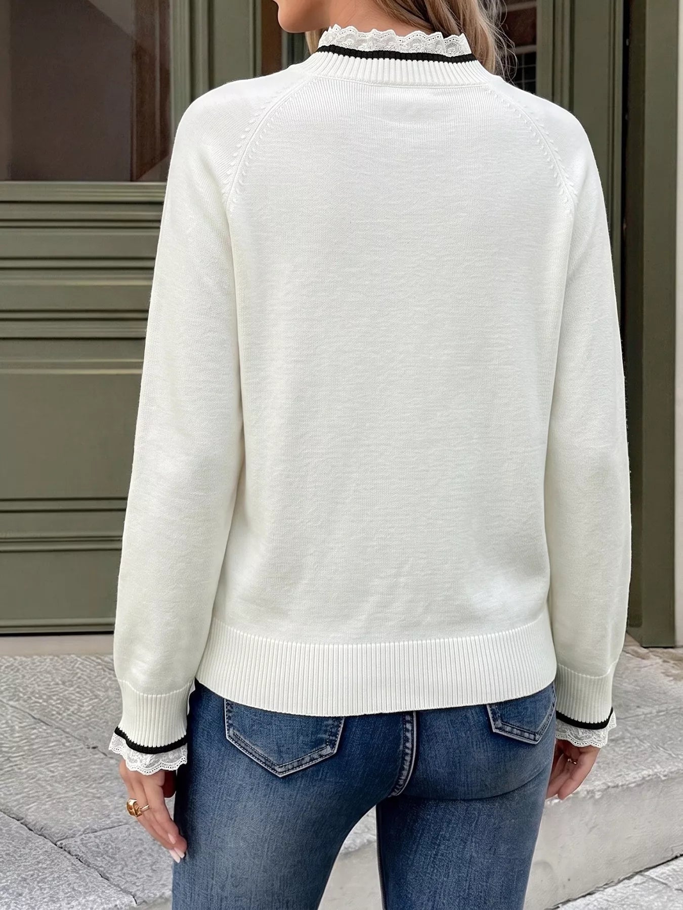 Bow-Embellished Lace-Trim Sweater — AREVONNE product view 7