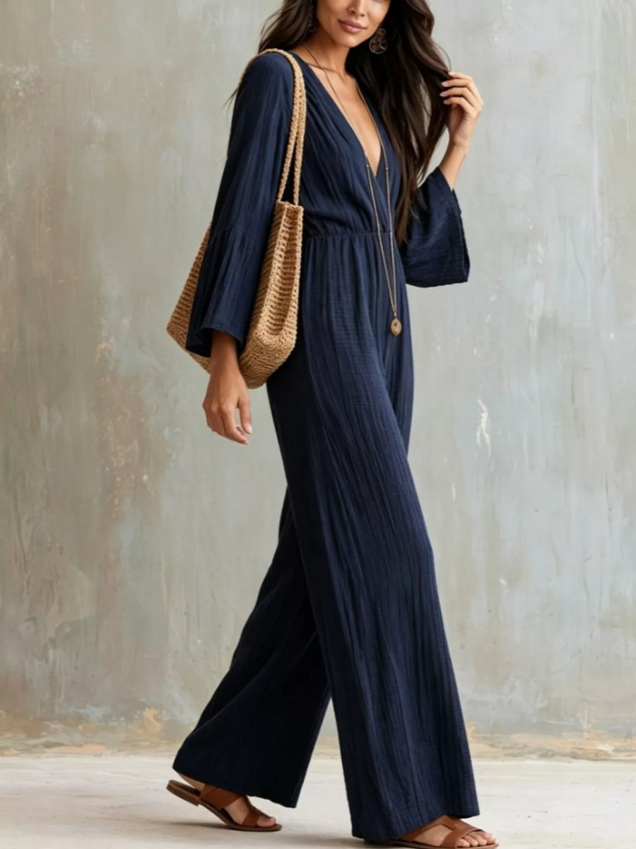 Textured Flare-Sleeve Jumpsuit