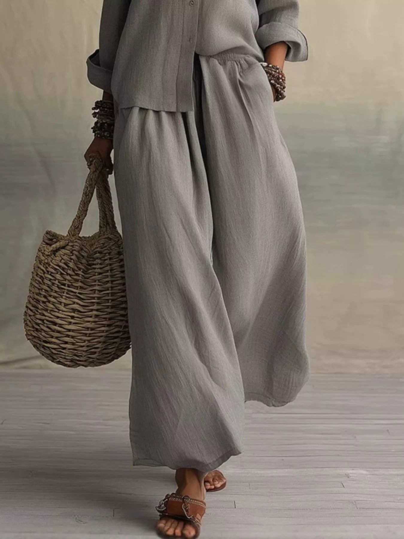 Button-Up Wide-Leg Two-Piece Set — AREVONNE product view 6
