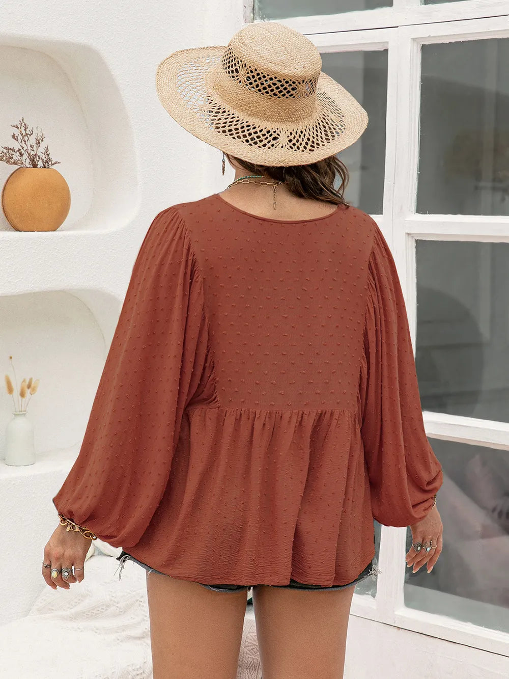 Swiss-Dot Tie-Neck Blouse — AREVONNE product view 2
