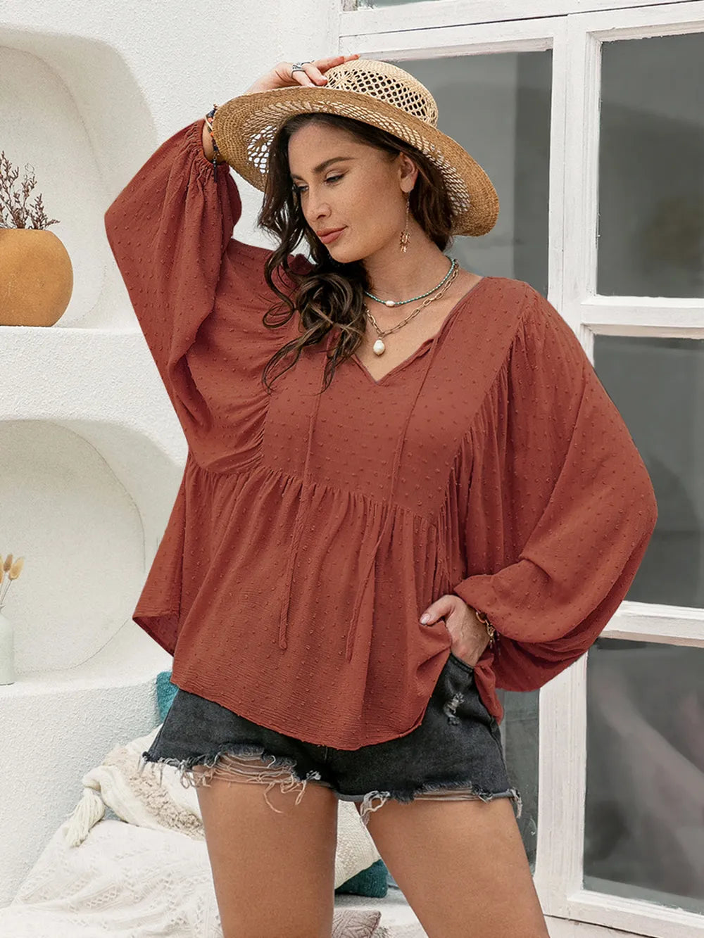 Swiss-Dot Tie-Neck Blouse — AREVONNE product view 1