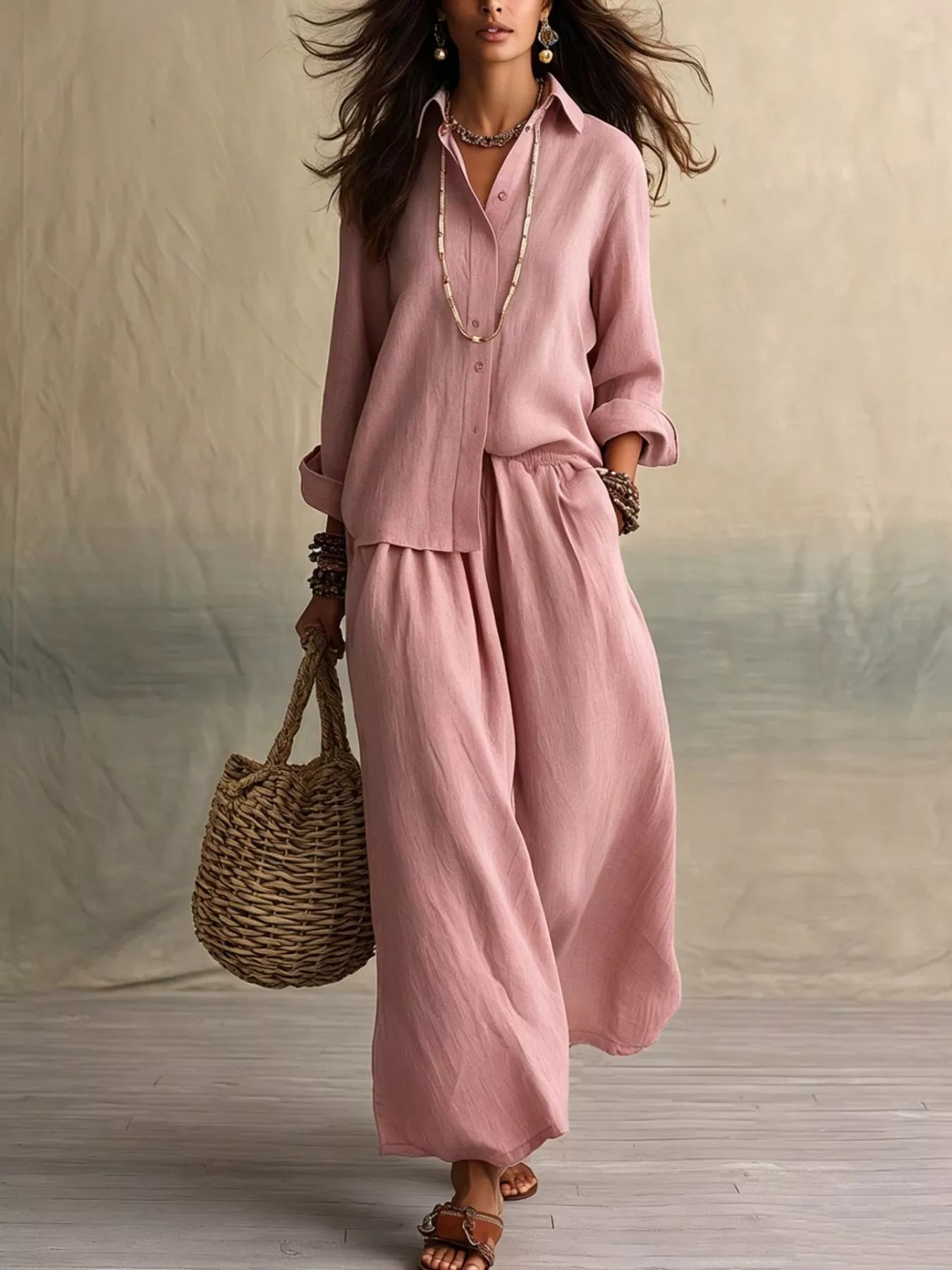 Button-Up Wide-Leg Two-Piece Set — AREVONNE product view 11