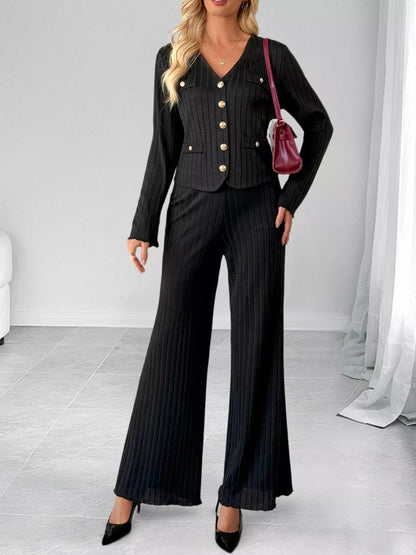 Ribbed Cardigan & Wide-Leg Pants Set — AREVONNE product view 2