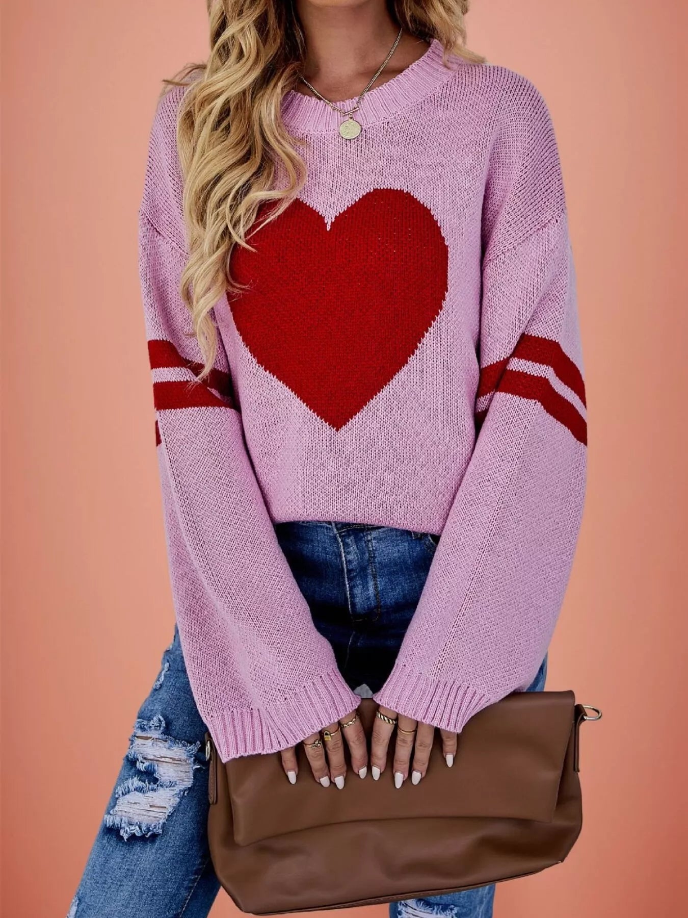 Heart-Pattern Dropped-Shoulder Sweater — AREVONNE product view 1
