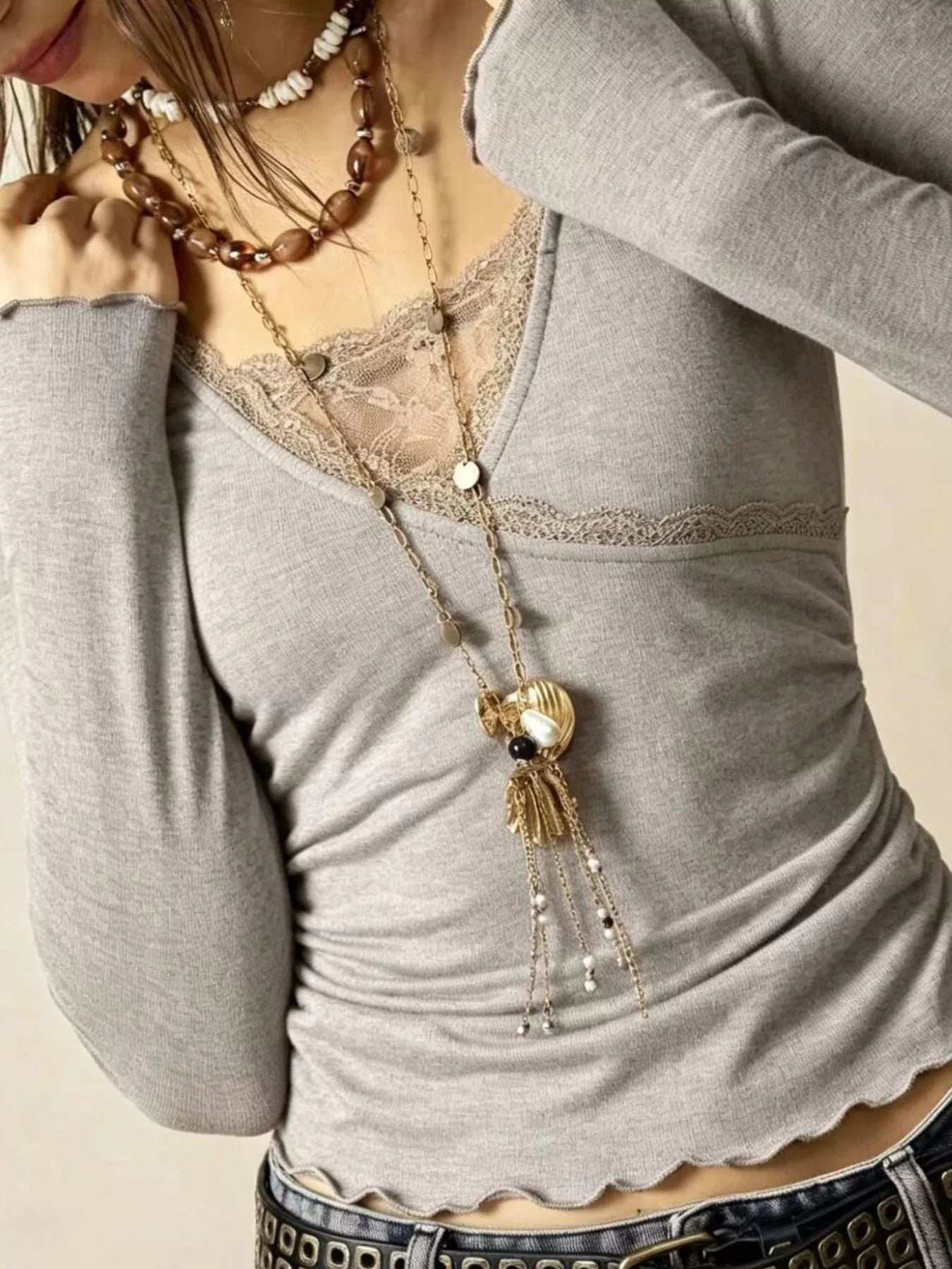 Lace-Detail Long-Sleeve T-Shirt — AREVONNE product view 9