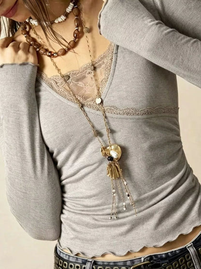 Lace-Detail Long-Sleeve T-Shirt — AREVONNE product view 9