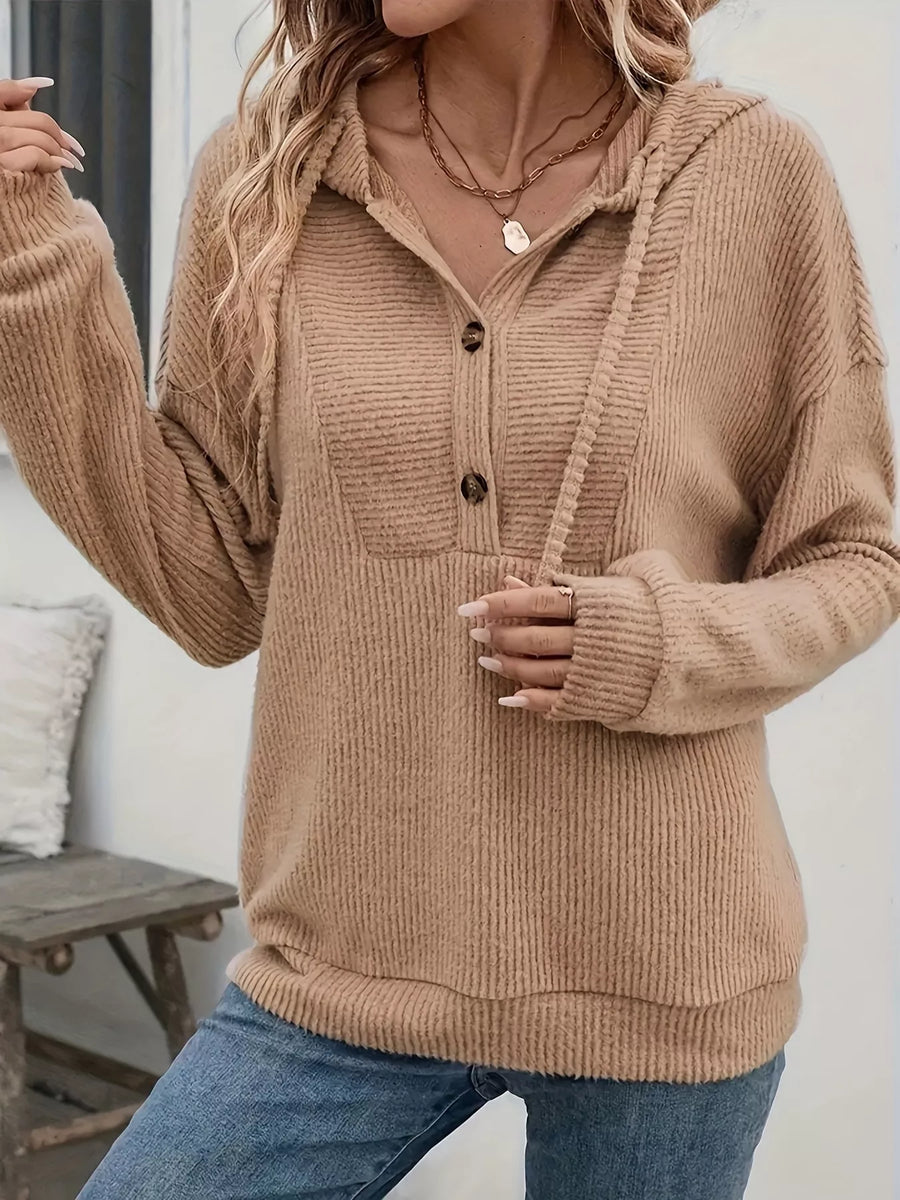 Button-Front Drawstring Pocket Hoodie