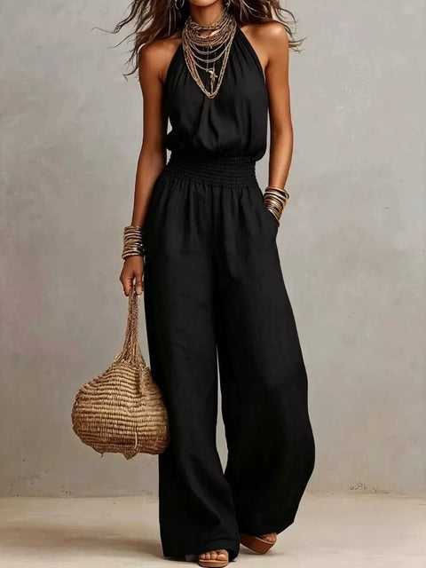 Smocked Halter-Neck Wide-Leg Jumpsuit