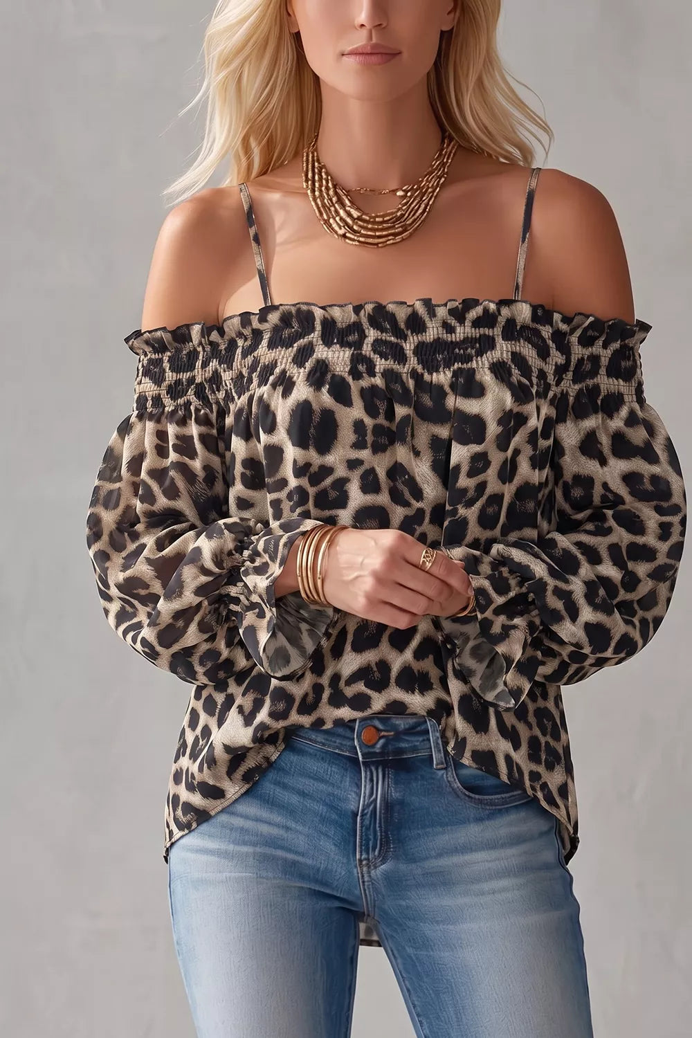Leopard Ruffle Strap-Detail Blouse — AREVONNE product view 4