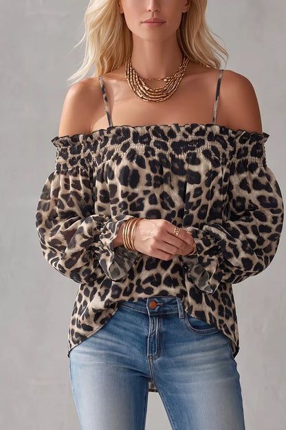 Leopard Ruffle Strap-Detail Blouse — AREVONNE product view 4