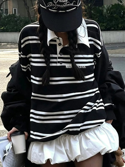 Oversized Striped Contrast-Collar Polo Top — AREVONNE product view 3