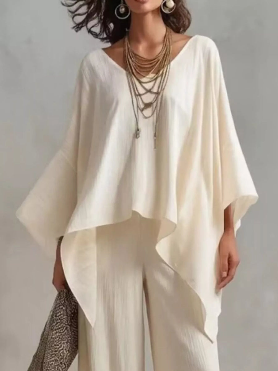 V-Neck Batwing Wide-Leg Two-Piece Set